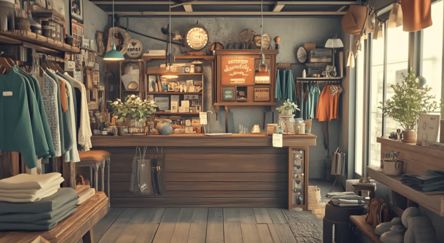 Vitrine estilosa de brechó destacando a moda sustentável Vitrine de um brechó com roupas sustentáveis