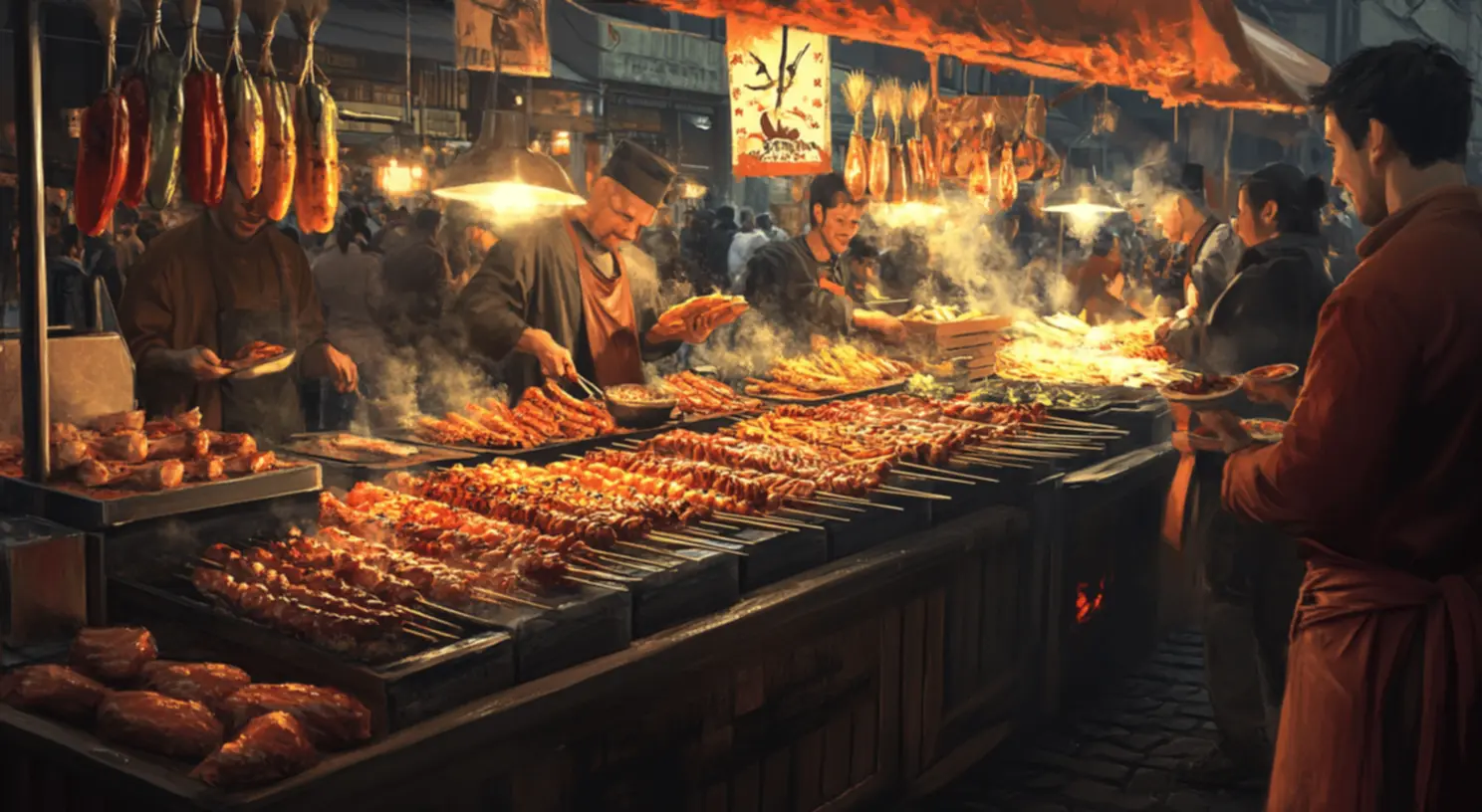 Espetinhos prontos para degustação Churrasco e espetinhos prontos para servir