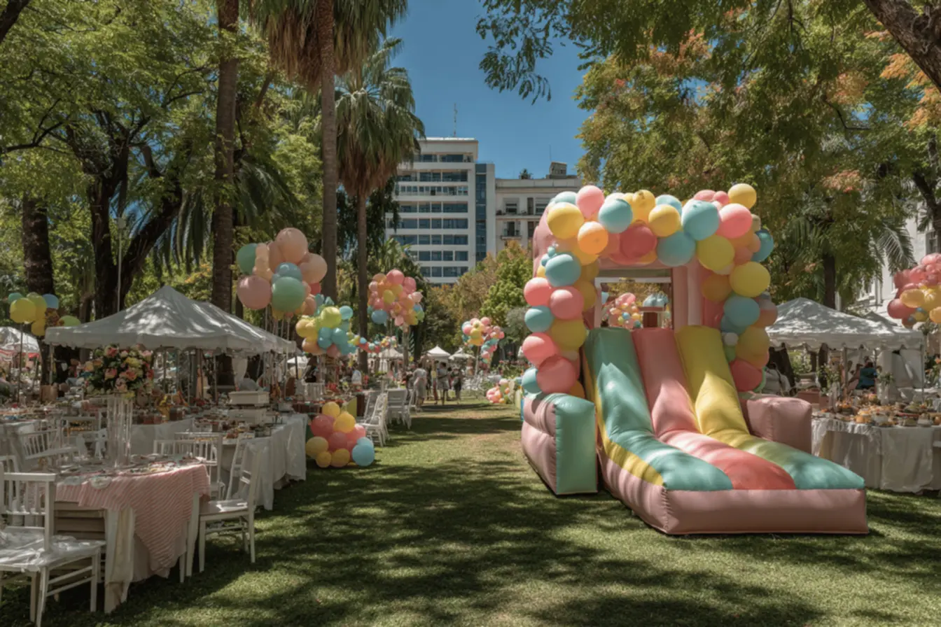 Família feliz em festa, usufruindo de serviços de aluguel de brinquedos