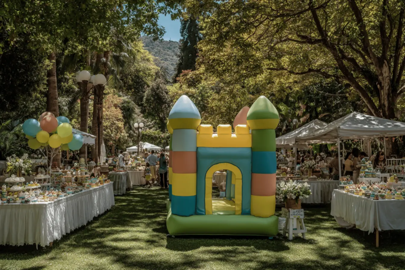 Pula-pula inflável colorido em um quintal, perfeito para aluguel de brinquedos em festas