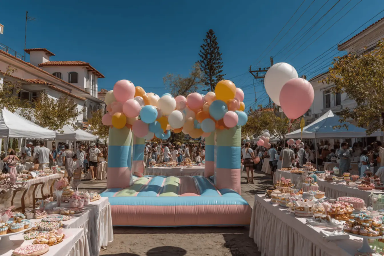 Pula-pula inflável colorido em um jardim, Lucro com pula-pula
