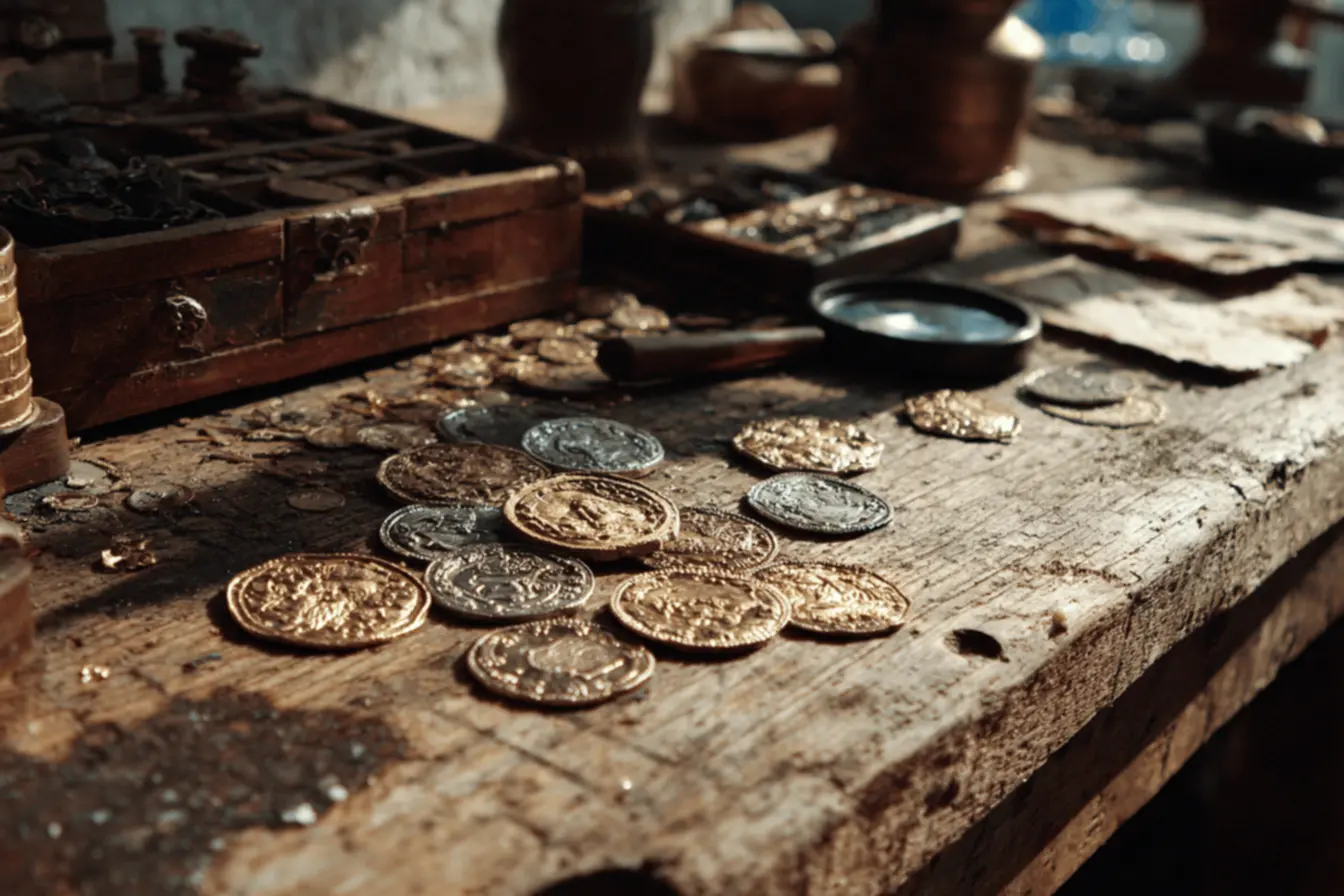 Vender moedas valiosas: Exposição de moedas em feira de colecionadores