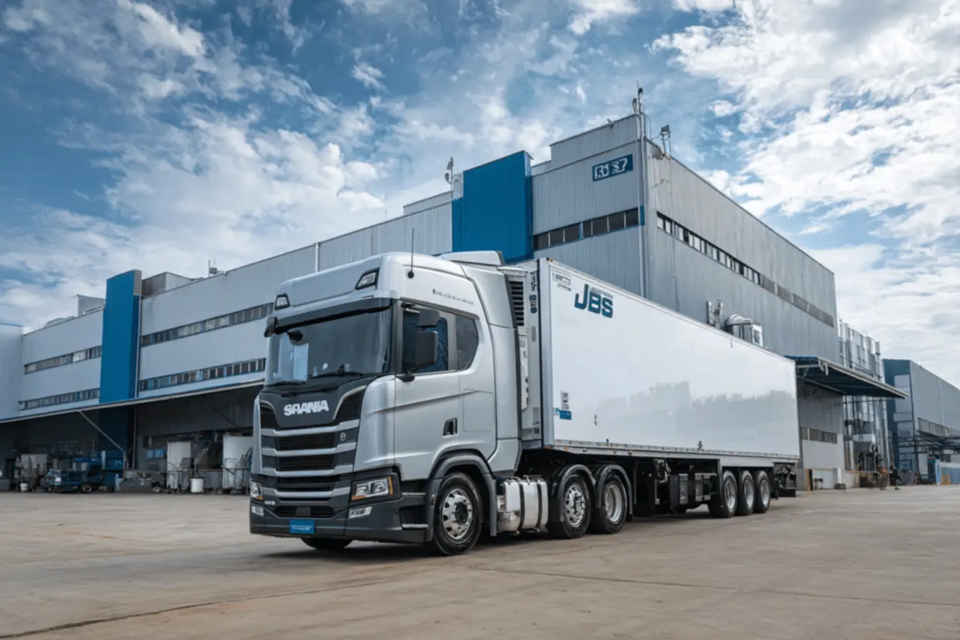 Visão aérea de uma unidade de processamento da JBS, destacando a grande escala dos Frigoríficos JBS Brasil.
