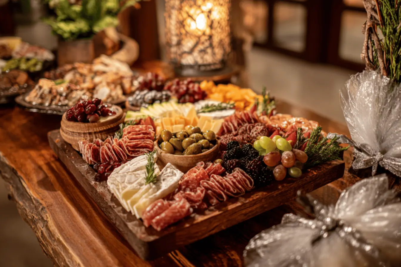 Tábua de frios montada com diversas variedades de queijos e frutas, pronta para entrega