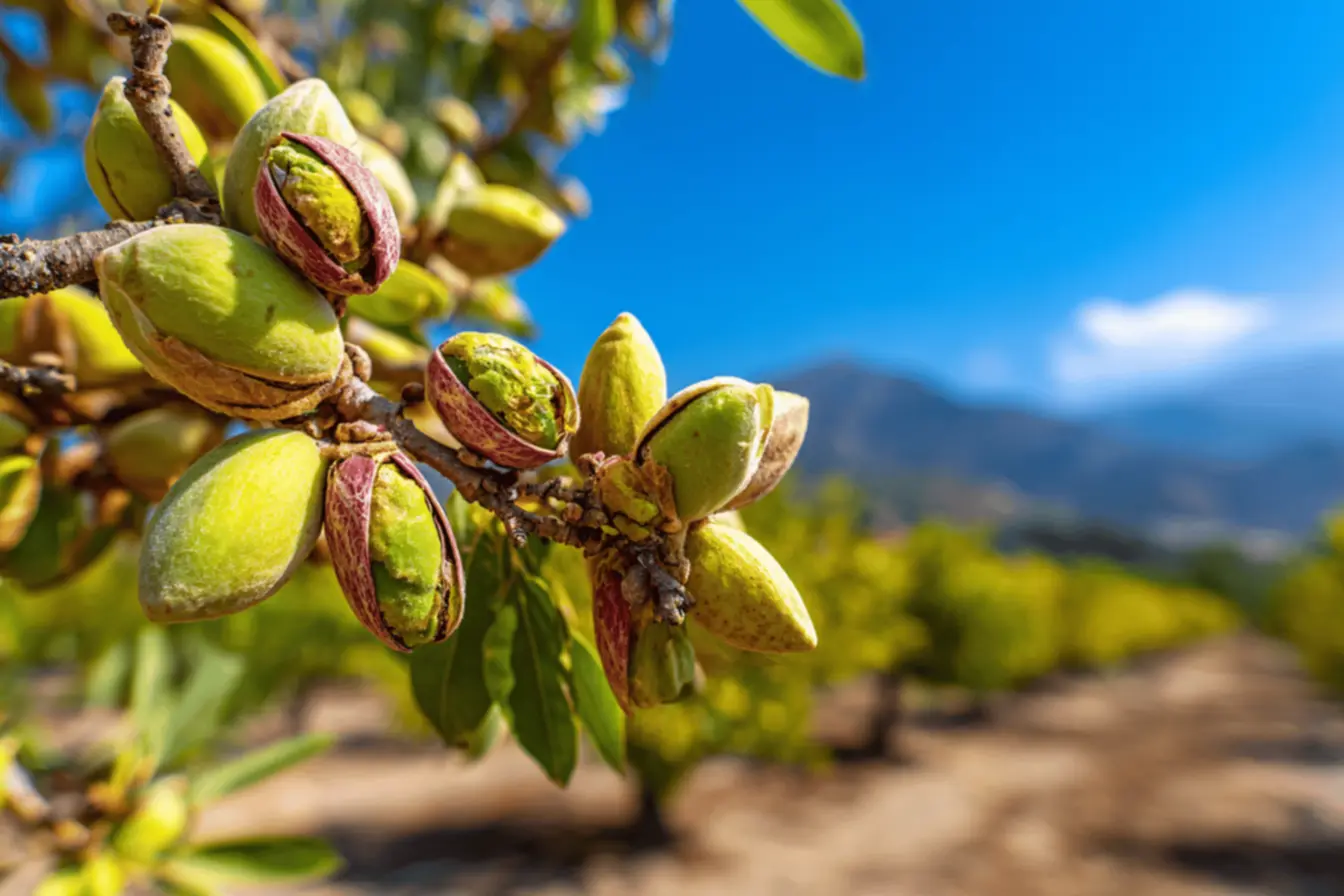 Pistaches sendo transportados em grandes sacos, evidenciando o Custo do pistache.