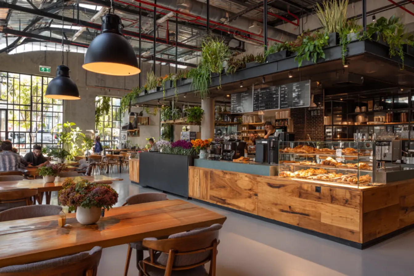 Prateleiras de uma cafeteria com pacotes de café, canecas e doces para levar, destacando o que vender em uma cafeteria para aumentar o faturamento.