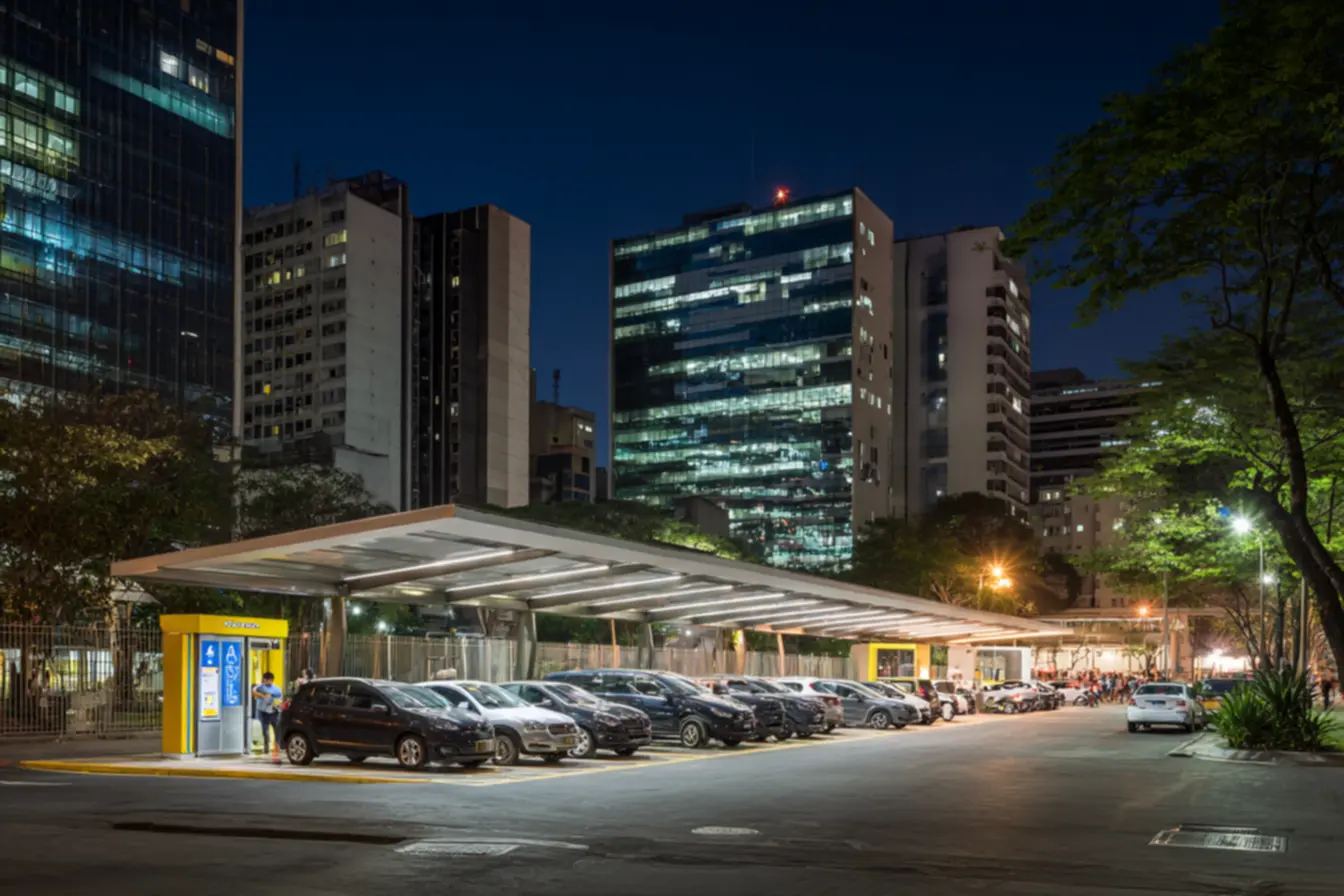 Visão panorâmica de uma franquia de estacionamento movimentada em um centro urbano, destacando o potencial de lucro das franquias de estacionamento.