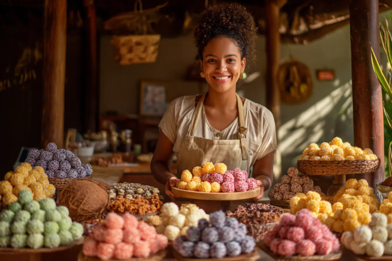 Exposição de cocadas variadas e coloridas, provando que vender cocada da dinheiro