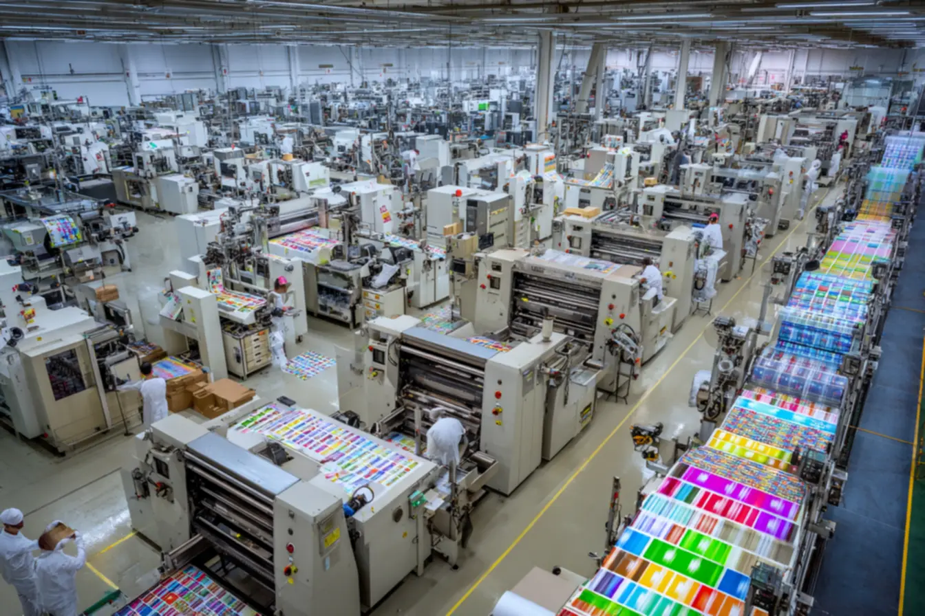 Funcionários trabalhando em fabrica de adesivos