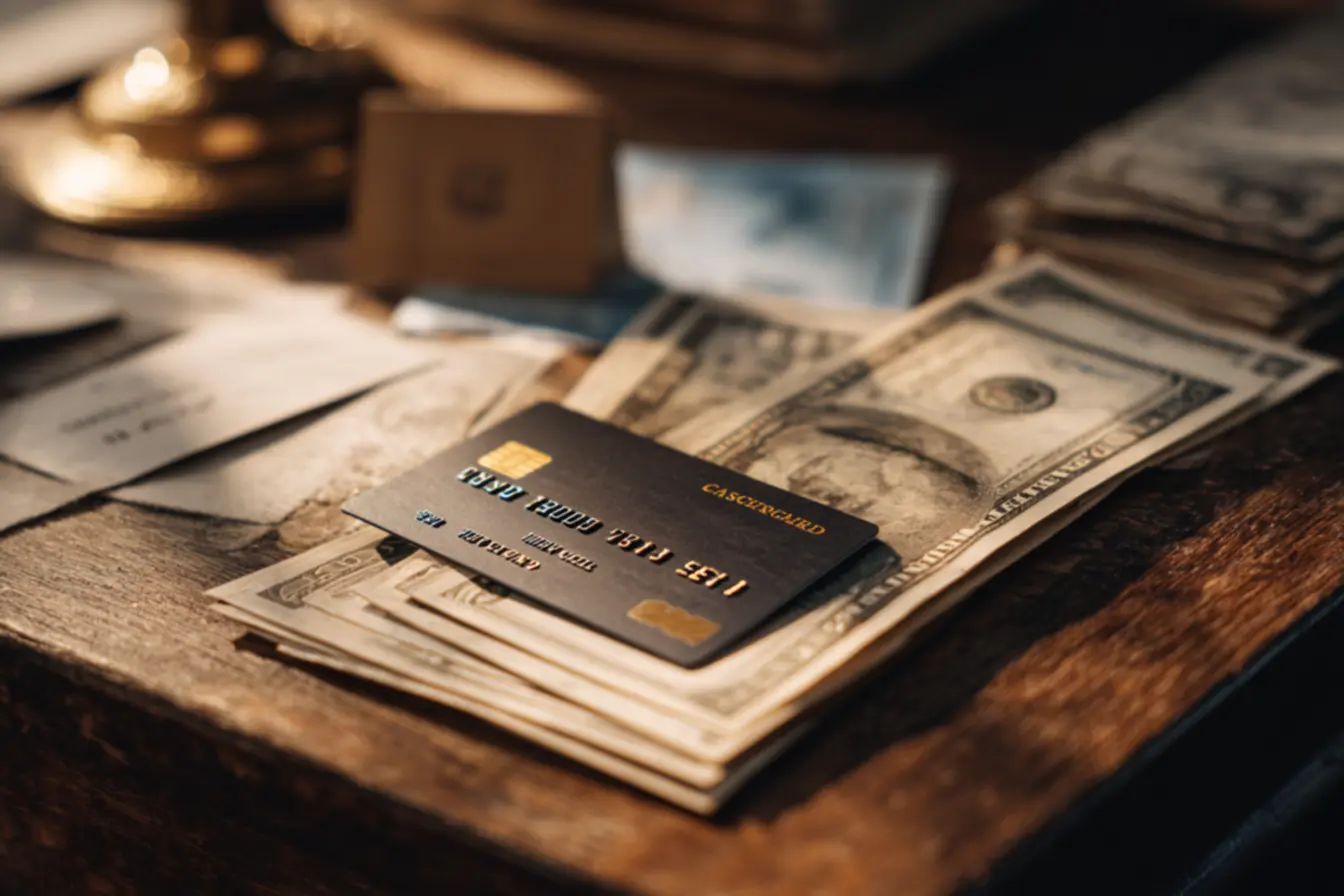 Duas pessoas analisando relatórios financeiros e um cartao de credito com cashback, discutindo estratégias de maximização de lucros.