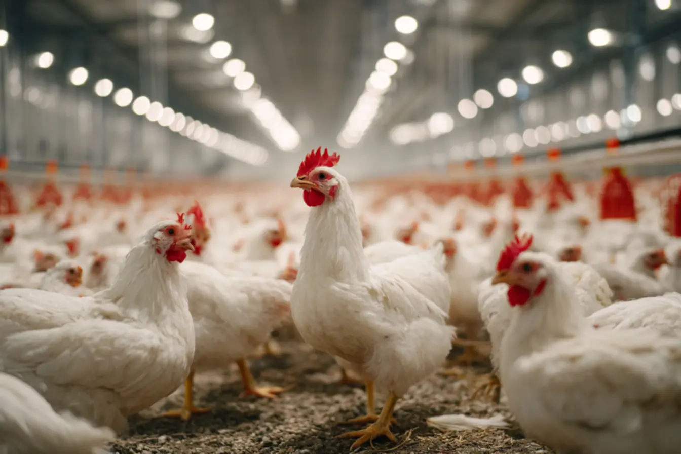 Frangos sendo processados em uma planta industrial, ilustrando o trabalho dos maiores produtores de frango do mundo.