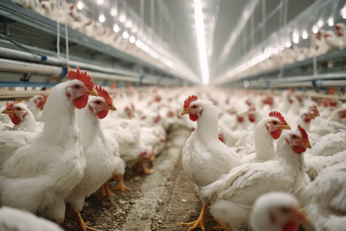 Galinhas em uma granja moderna, simbolizando a eficiência dos maiores produtores de frango do mundo.