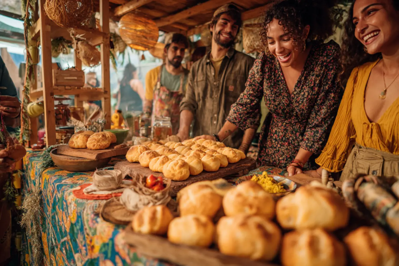 barraca de pao de queijo - Mulher servindo pão de queijo quentinho em uma barraca de rua movimentada