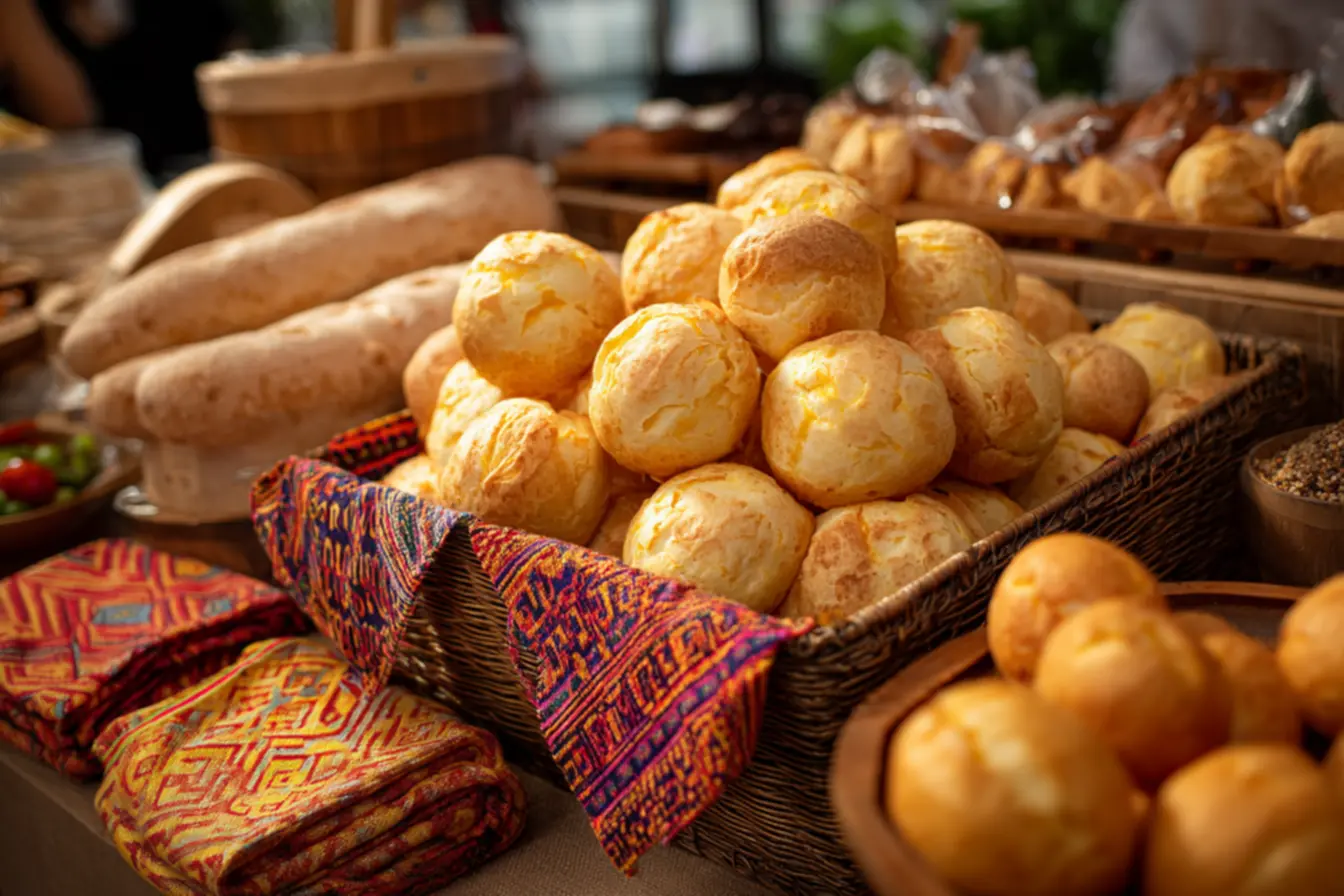 barraca de pao de queijo - Mãos segurando um pão de queijo recheado, mostrando a textura e o recheio cremoso