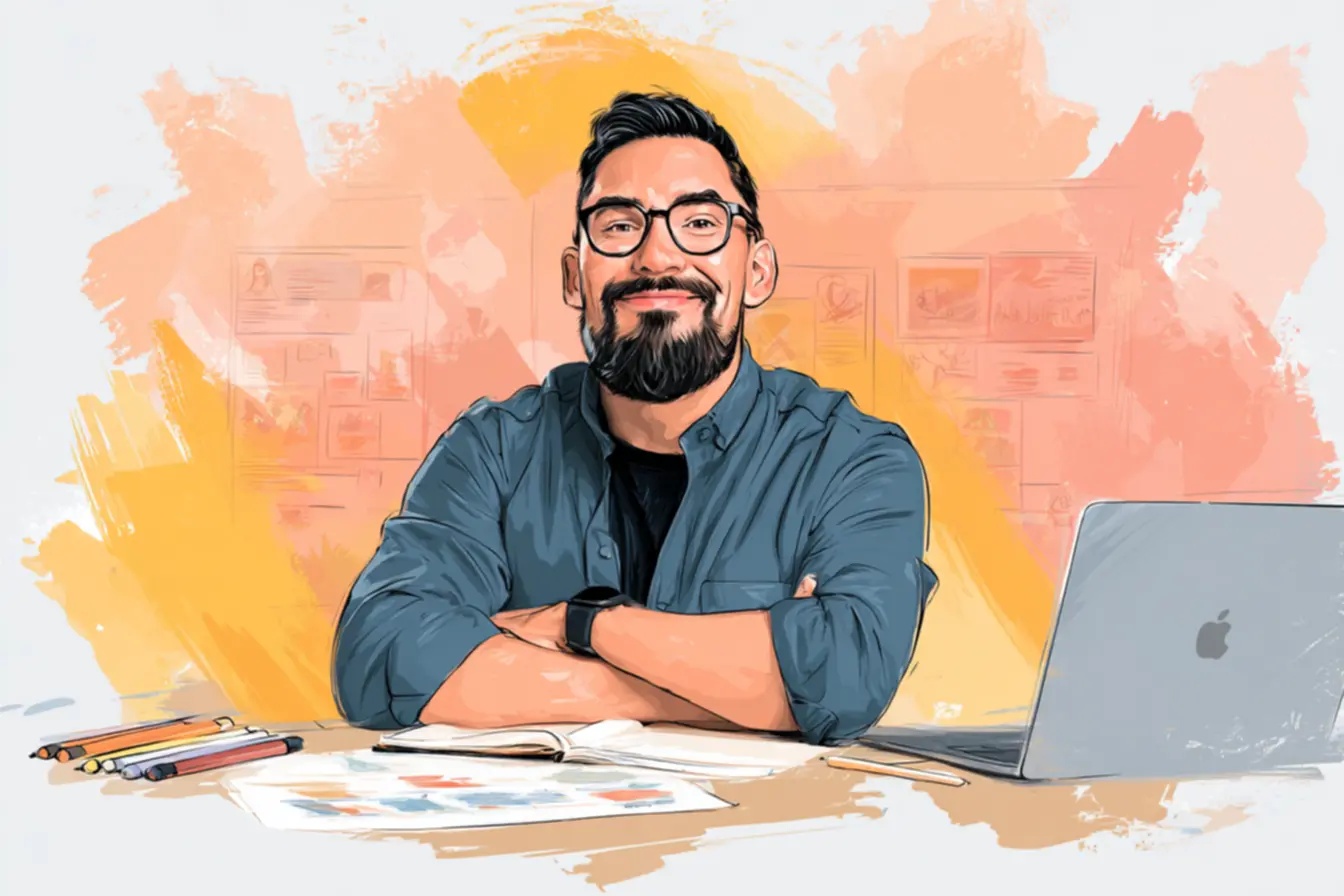 Mulher com laptop pensando em nomes para canal no youtube com post-its de ideias