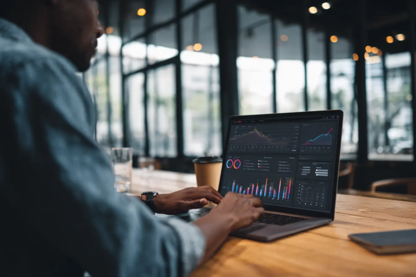 Uma pessoa com um gráfico de barras e indicadores, simbolizando o que e gestao eficiente
