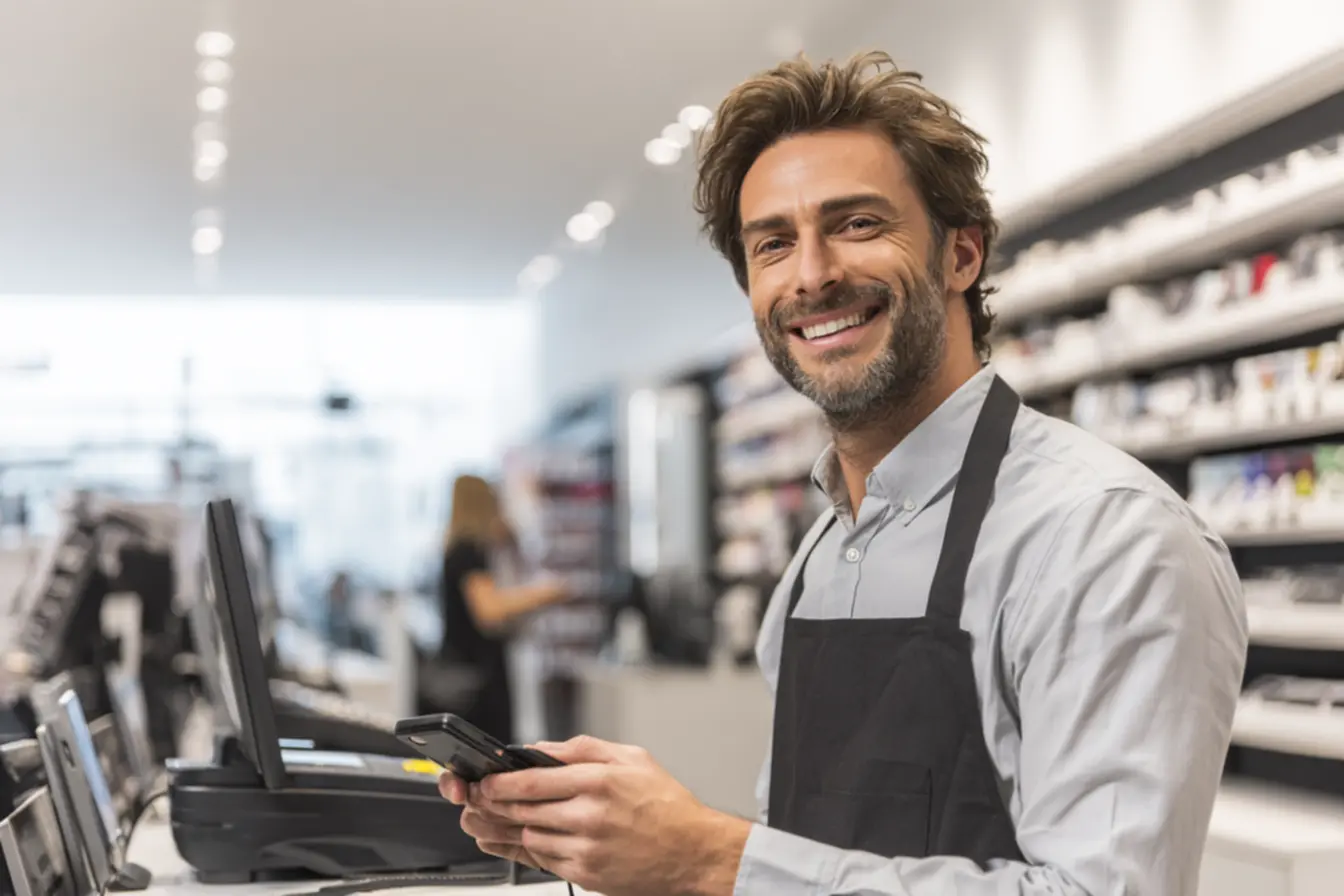 Um empreendedor analisando o relatório de vendas em seu celular com uma maquininha Ultra Ton ao lado, simbolizando a gestão eficiente e como a maquininha ultra ton é boa para controle financeiro