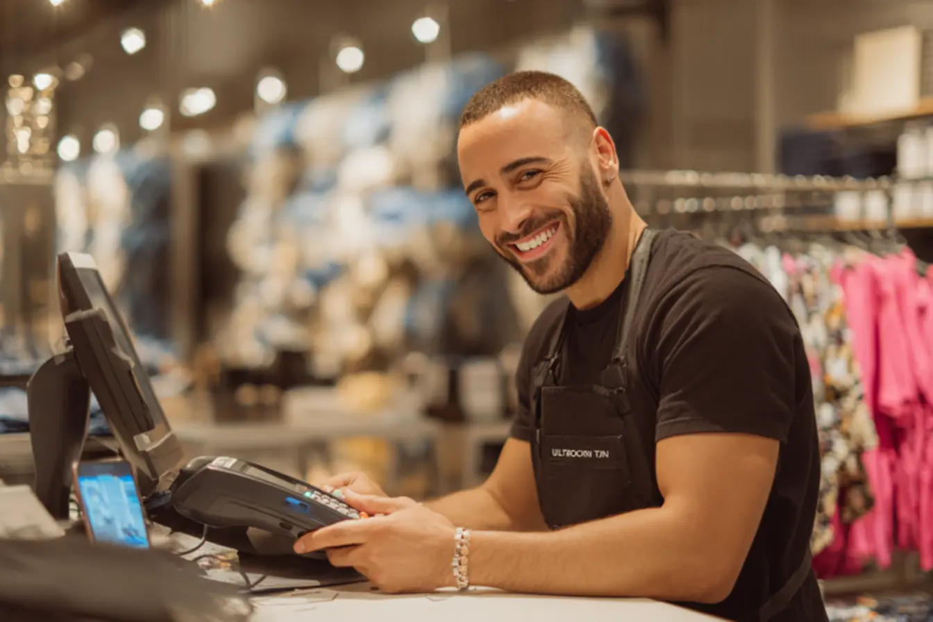 Uma maquininha Ultra Ton operando em um balcão de loja, com um cliente pagando, realçando a praticidade e como a maquininha ultra ton é boa para o dia a dia