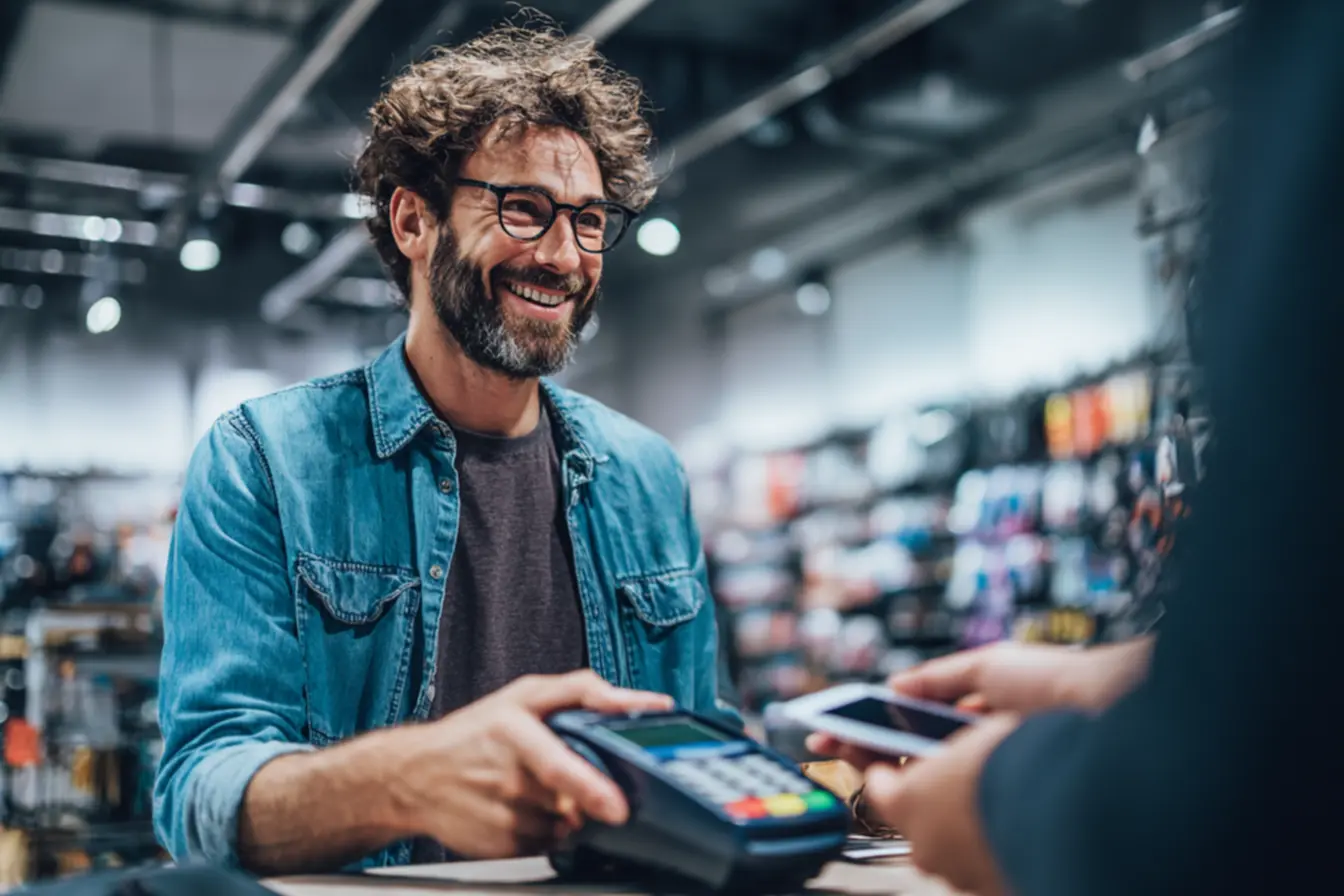 Empreendedor feliz analisando dados no celular com sua maquininha Ultra Ton ao lado, demonstrando que a maquininha ultra ton é boa