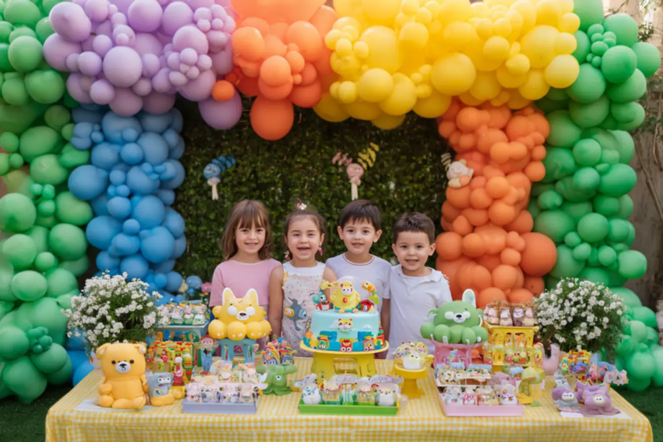 Pais interagindo com crianças em festa de aniversario para criancas pequenas com tema colorido