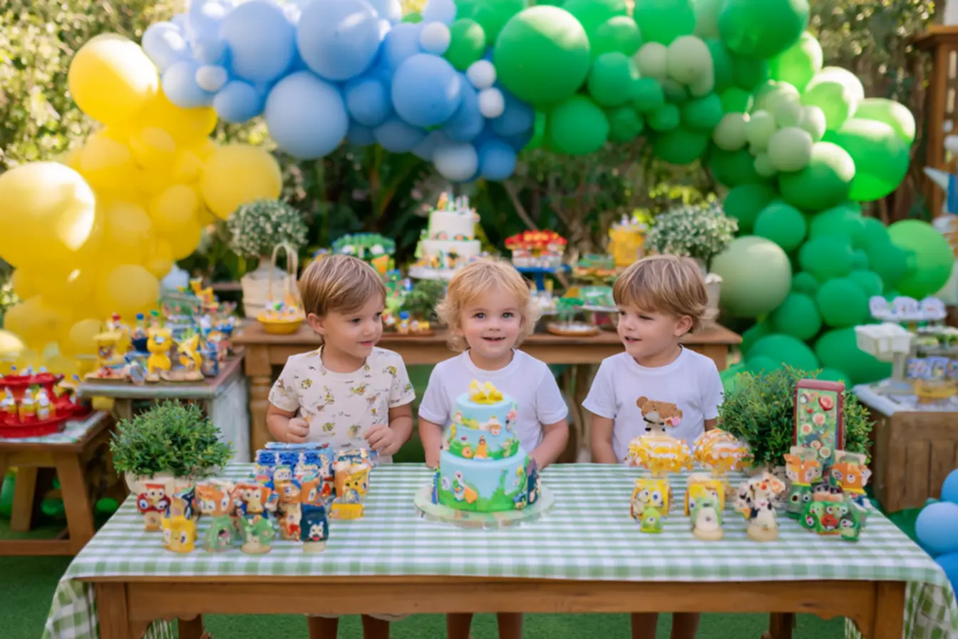 Mesa de doces e bolo decorada em festa de aniversario para criancas pequenas