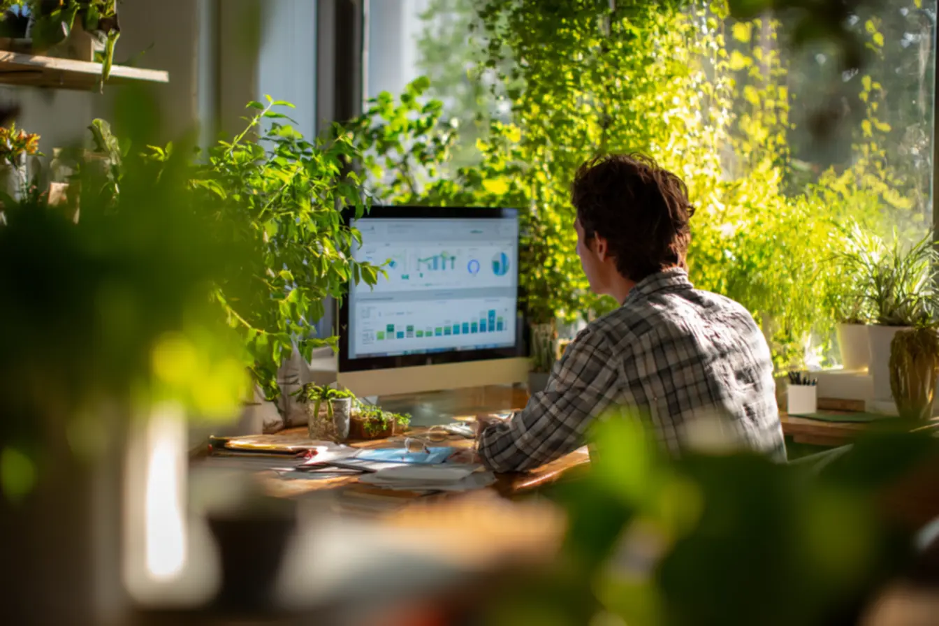 Pessoa focada em um computador, com gráficos e ícones de social media ao redor, simbolizando a análise de dados.
