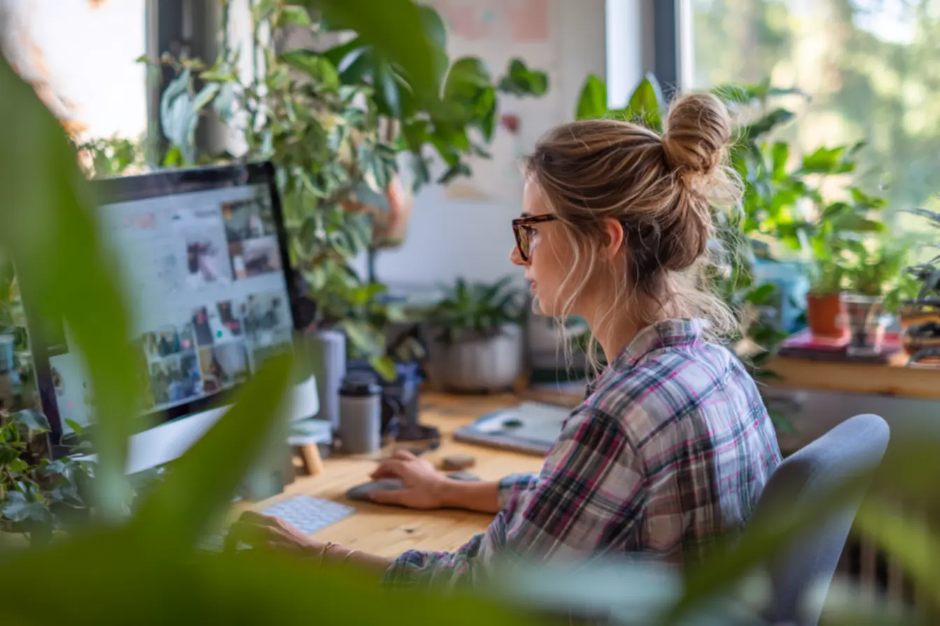 Profissional de social media analisando gráficos de desempenho.