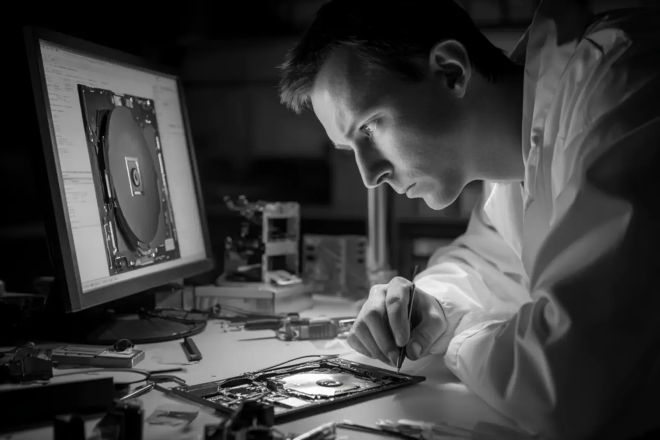Mãos segurando um disco rígido danificado em um laboratório, representando a recuperacao de hd profissional.
