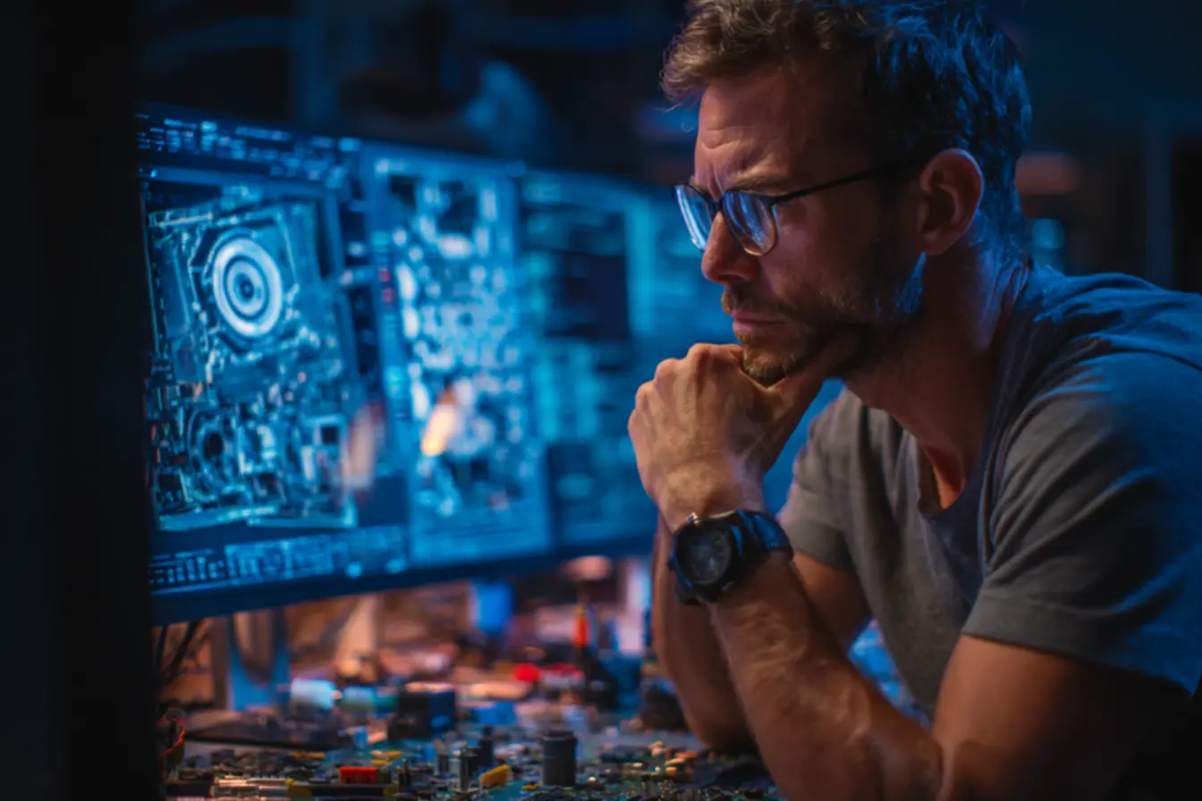 Empreendedor examinando um disco rígido danificado, pensando na recuperacao de hd.