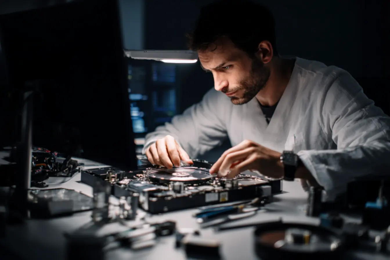 Pessoa analisando dados em um monitor, com o foco em métodos de recuperacao de hd.