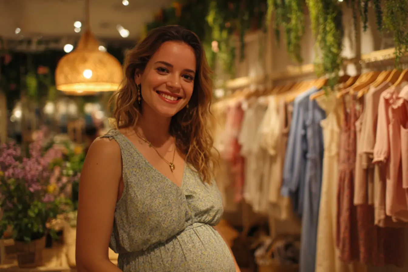 Gestante feliz experimentando roupas para gestantes em como montar uma loja de roupas para gestantes