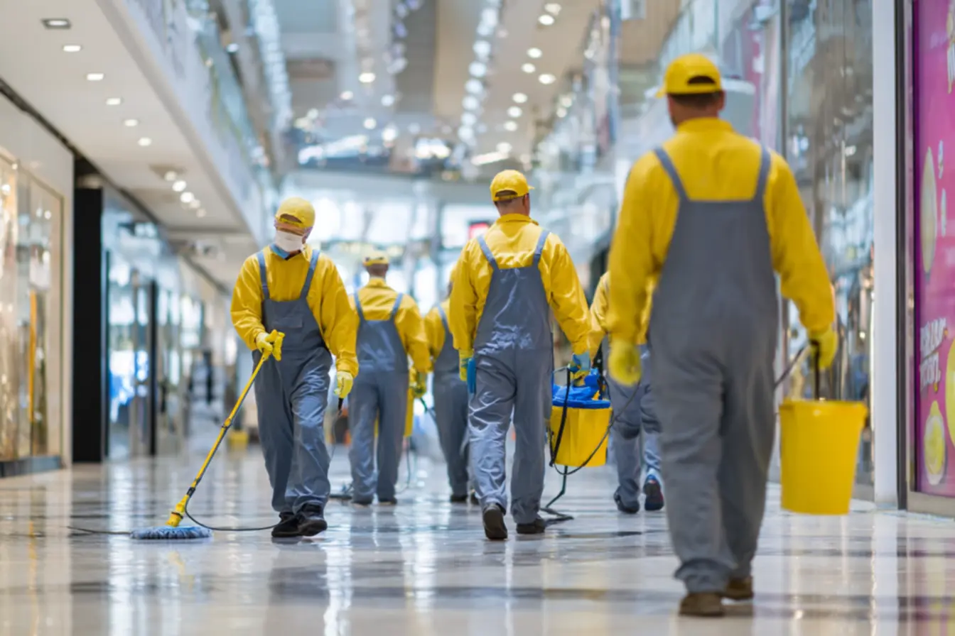 Pessoa utilizando uma lavadora de piso em um ambiente amplo, representando os serviços de uma empresa de limpeza e conservacao