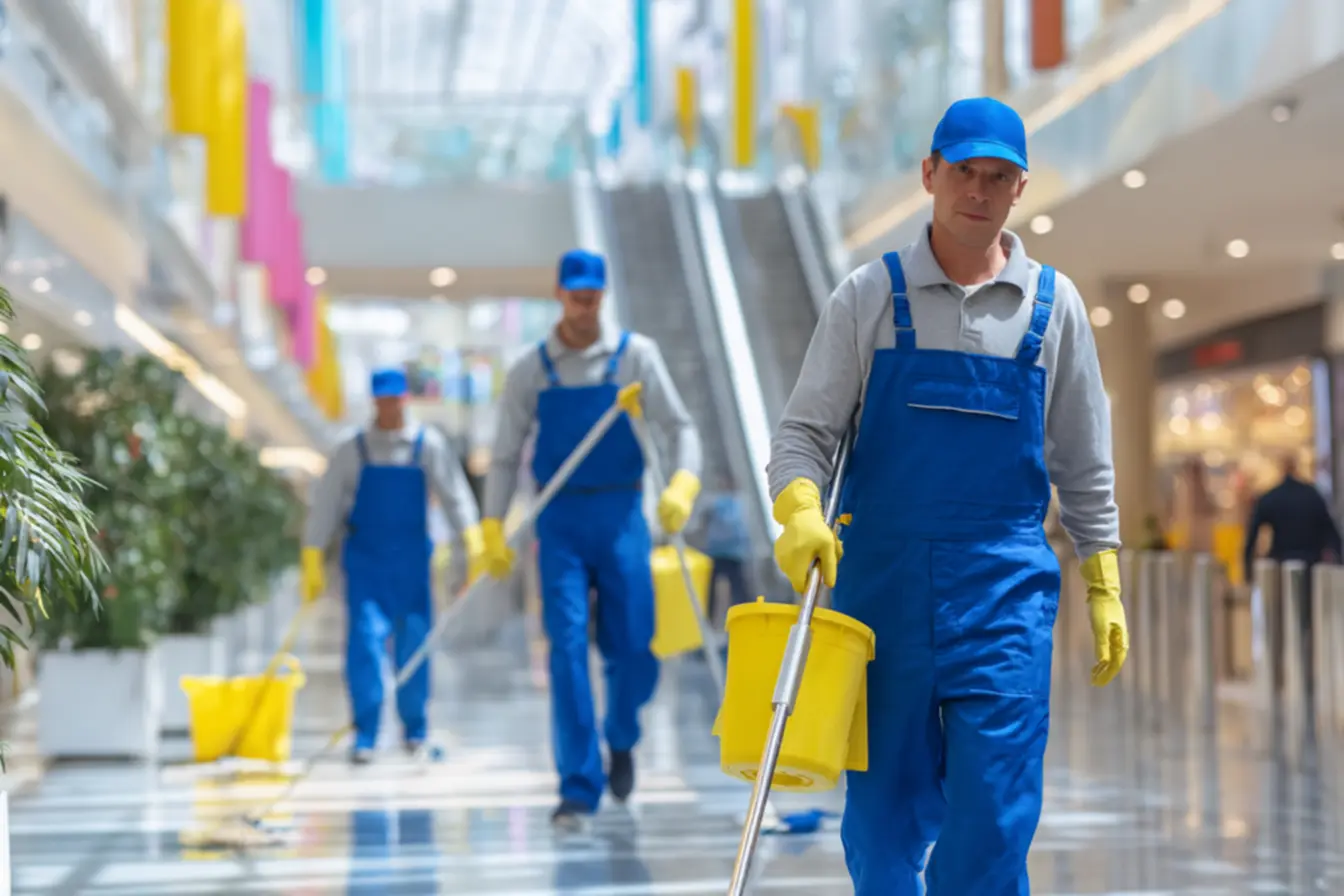Gestor de uma empresa de limpeza e conservacao revisando documentos e contratos no escritório