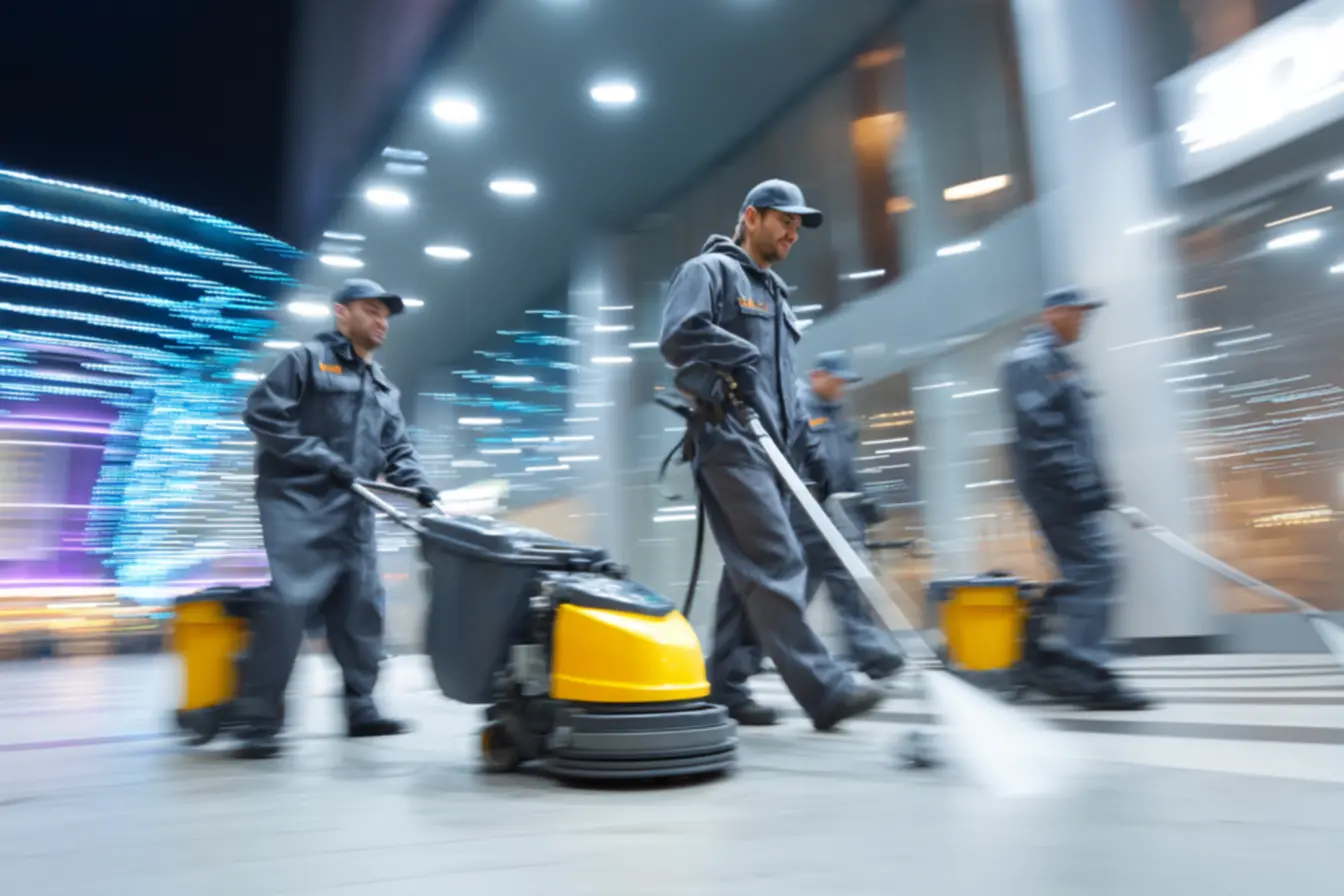 Equipe de limpeza com equipamentos profissionais em ação, destacando a empresa de limpeza e conservacao