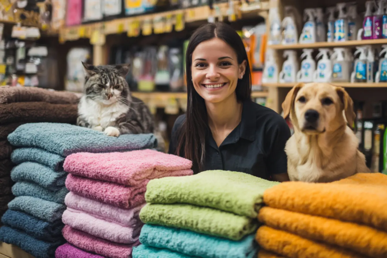 Pilha de toalhas limpas para serviço de aluguel de toalhas para pet shop