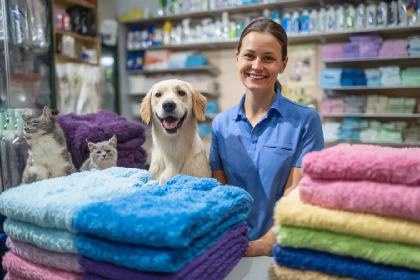 Funcionários organizando toalhas limpas para aluguel de toalhas para pet shop