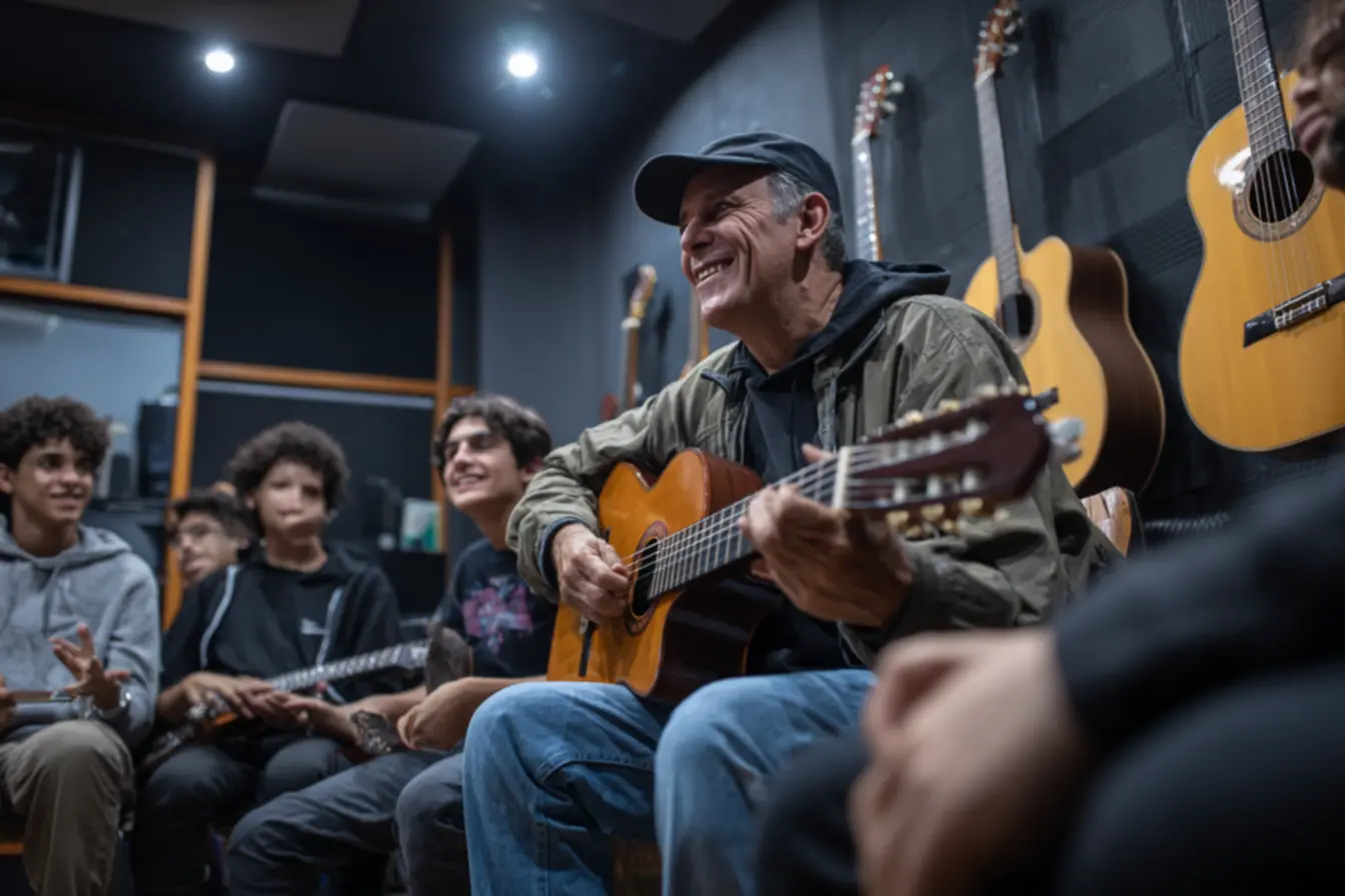 Pessoa gravando aula de guitarra para ganhar dinheiro com curso de guitarra no YouTube