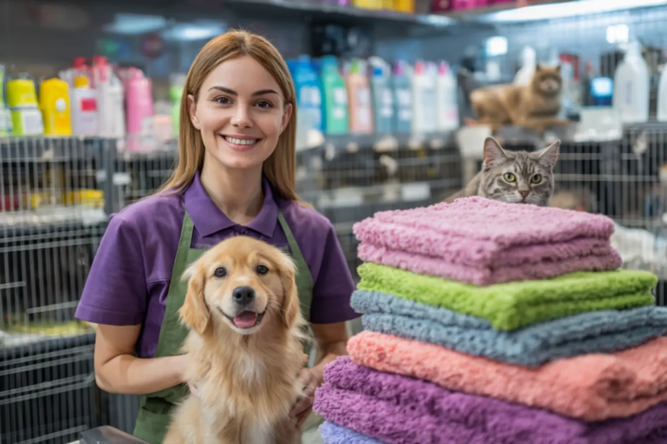 Carrinho com toalhas dobradas e limpas para aluguel de toalhas para pet shop
