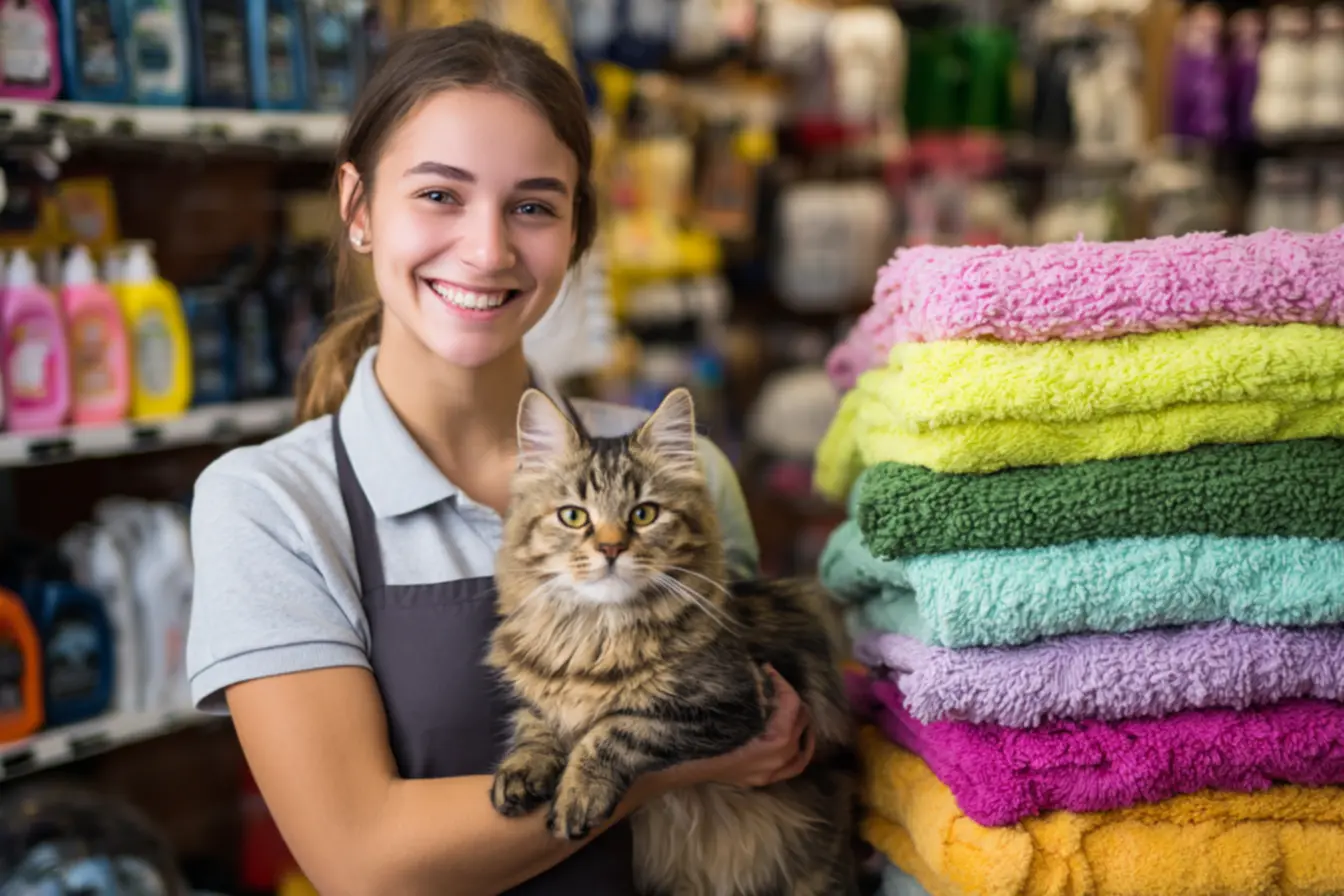 Prateleiras com pilhas de toalhas prontas para o aluguel de toalhas para pet shop