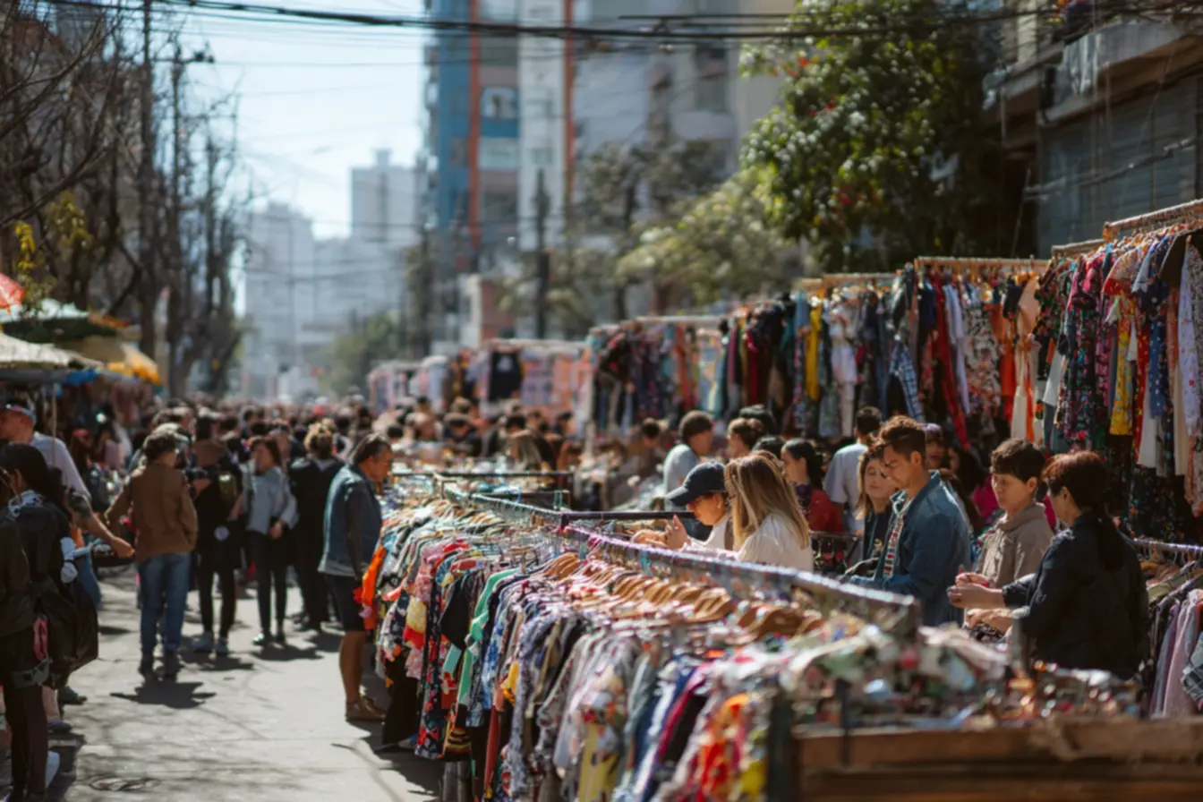 Vendedora organizando araras de roupas baratas para revenda em um centro de compras, destacando a organização e variedade de uma cidade das roupas baratas.