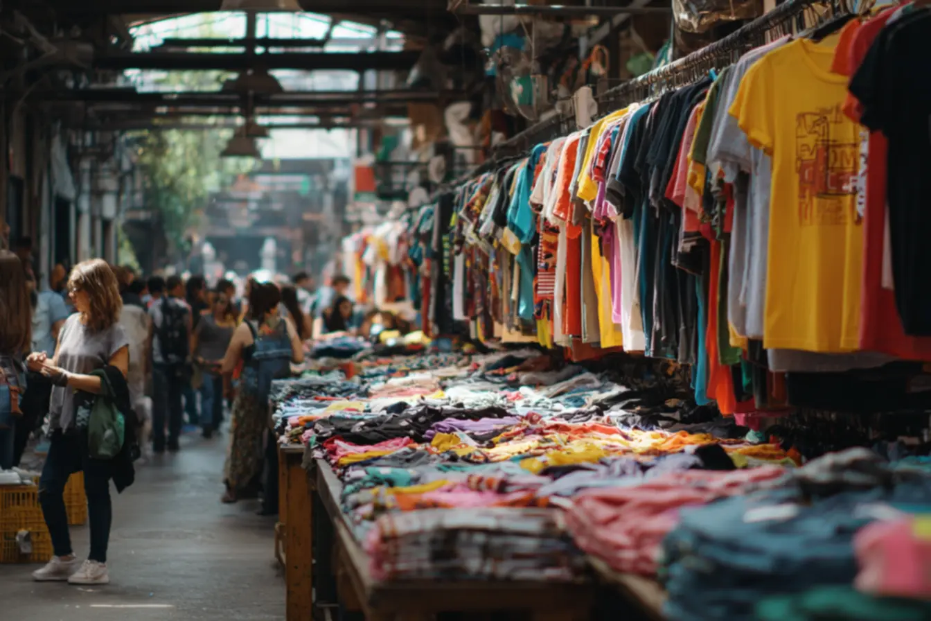 Uma vitrine moderna de loja de roupas com manequins bem vestidos, exibindo a qualidade e o estilo encontrados em uma cidade das roupas baratas.