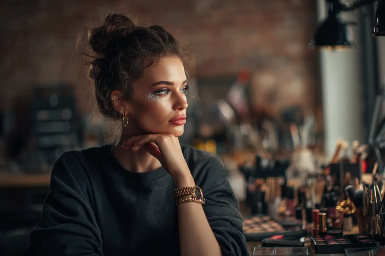 Maquiador freelancer trabalhando concentrado, simbolizando a dedicação necessária para superar desafios e ter sucesso.