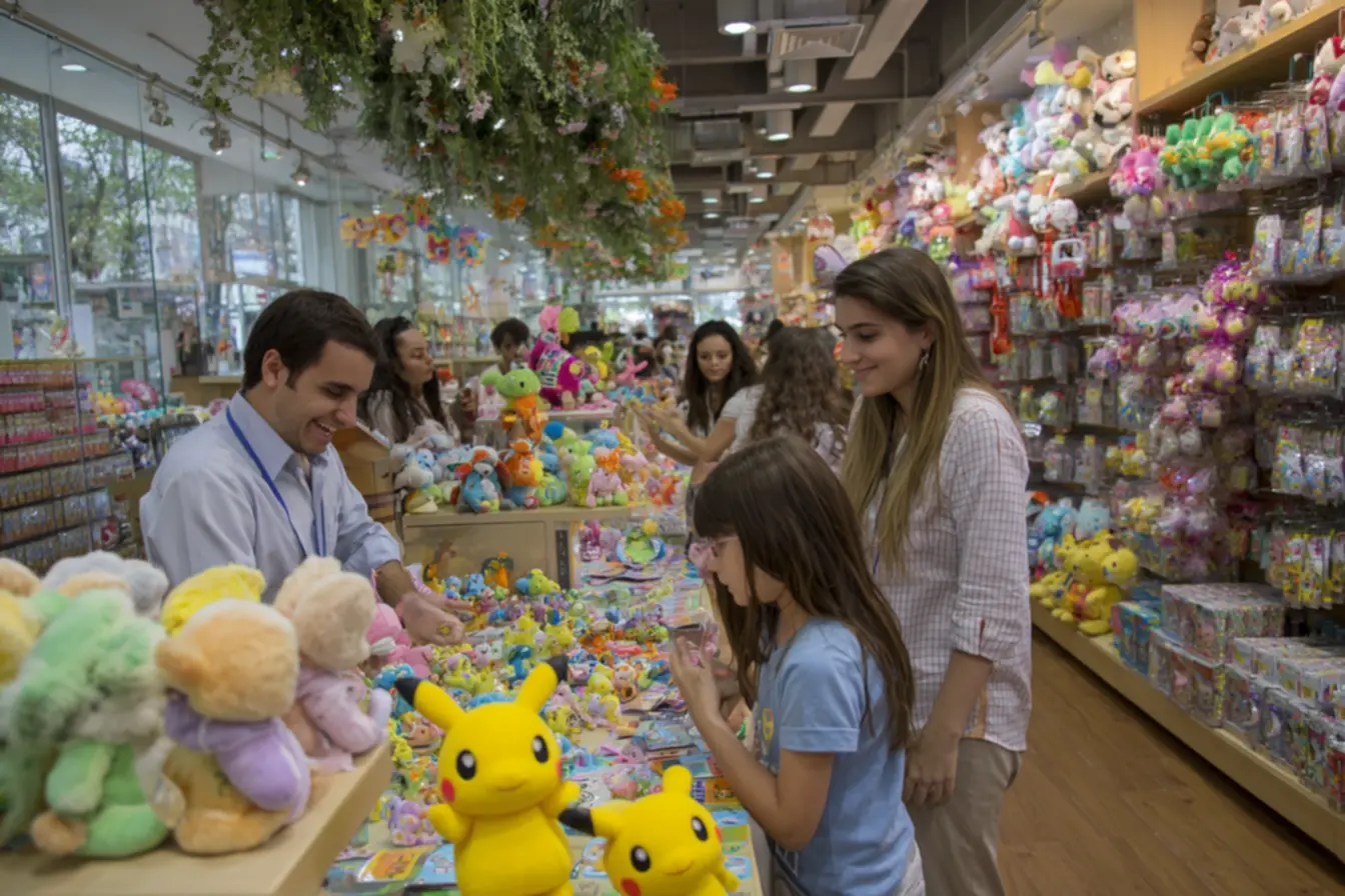 Prateleiras cheias de brinquedos coloridos na franquia ri happy