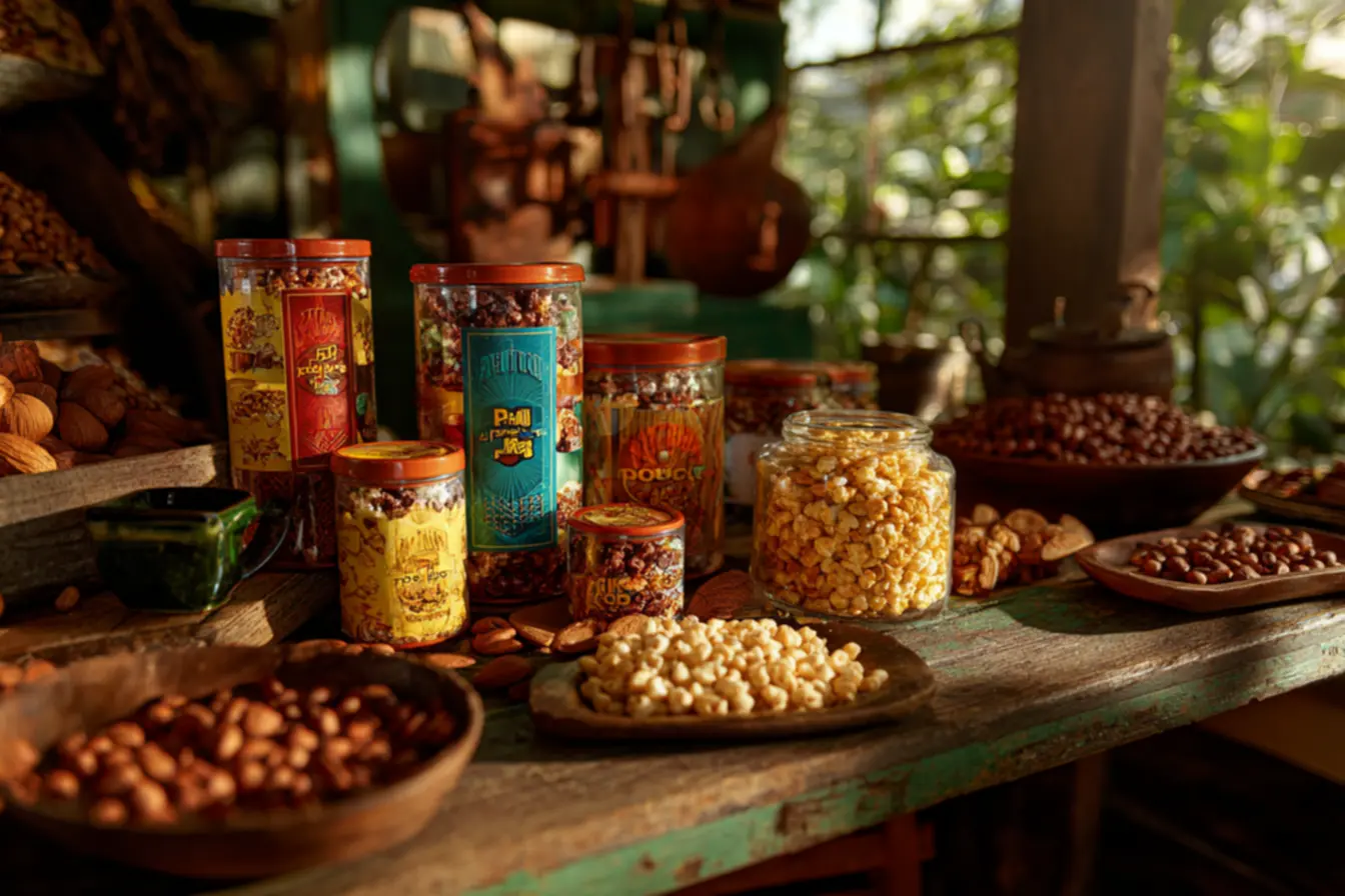 Pilha de paçocas de diferentes marcas, com foco em marcas de pacoca