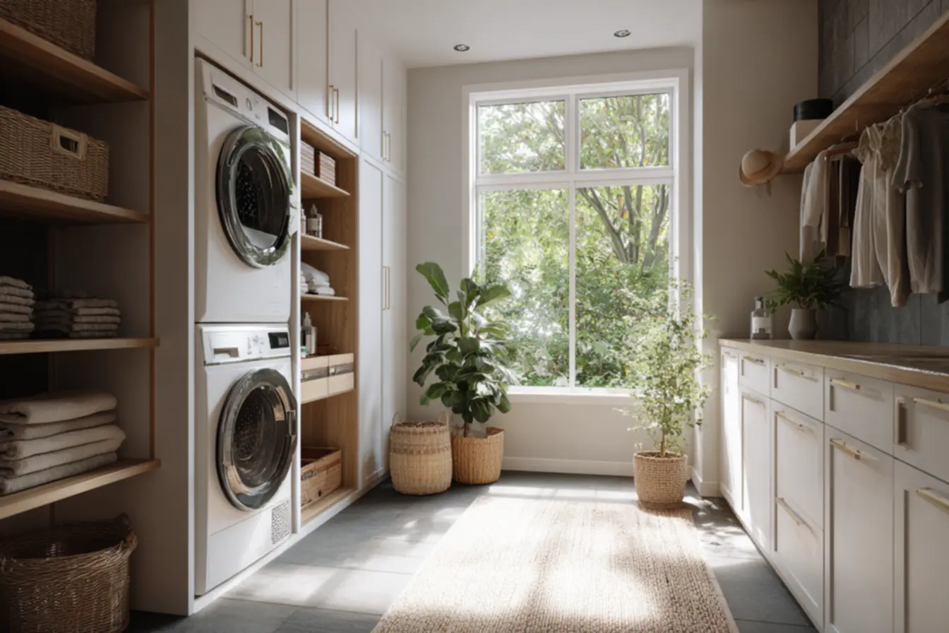 Lavanderia moderna exibindo as melhores opções de secadora de roupas em funcionamento