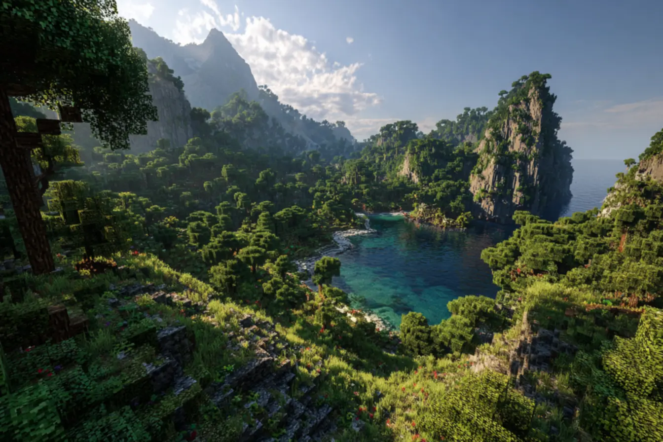 Melhores seeds para minecraft - Uma vista aérea de um mapa complexo com várias estruturas e biomas diversificados no Minecraft, ilustrando o potencial estratégico das melhores seeds para minecraft.