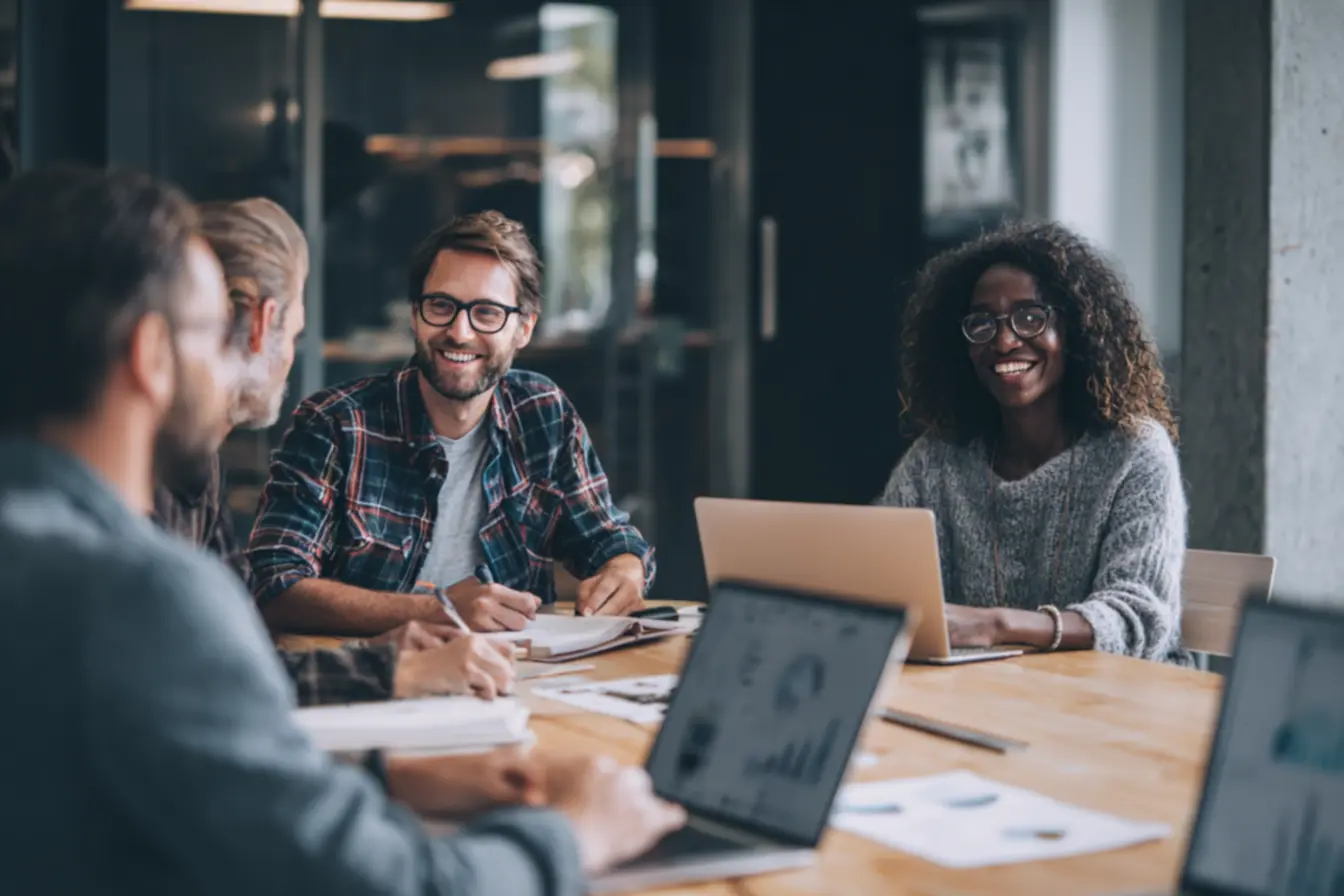 Jornalistas trabalhando em equipe para montar jornal local