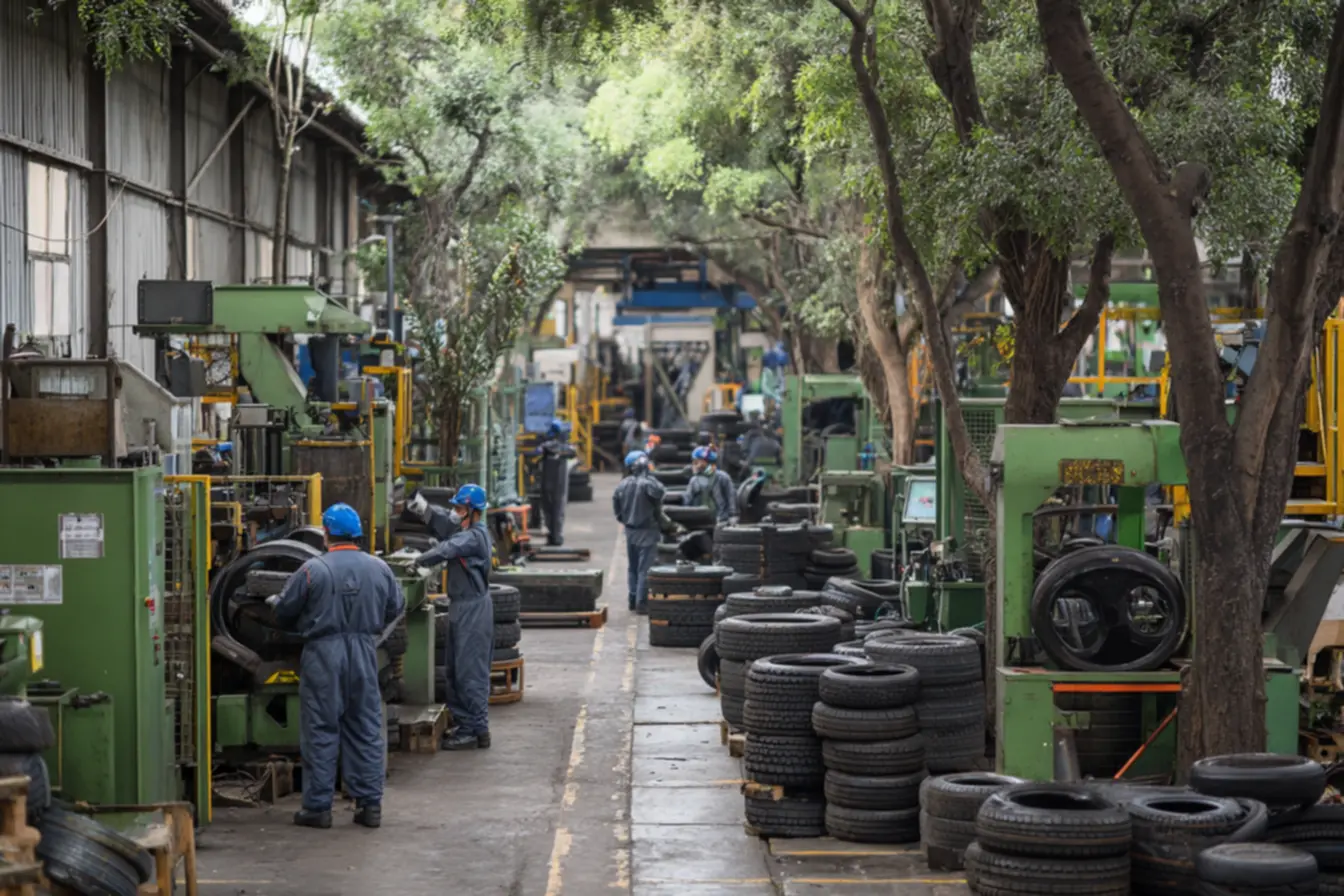 Usina de reciclagem de pneus em processo