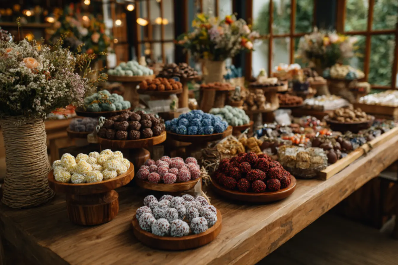 Vários doces gourmet coloridos em embalagens de delivery, ilustrando que vale a pena vender doces no ifood.