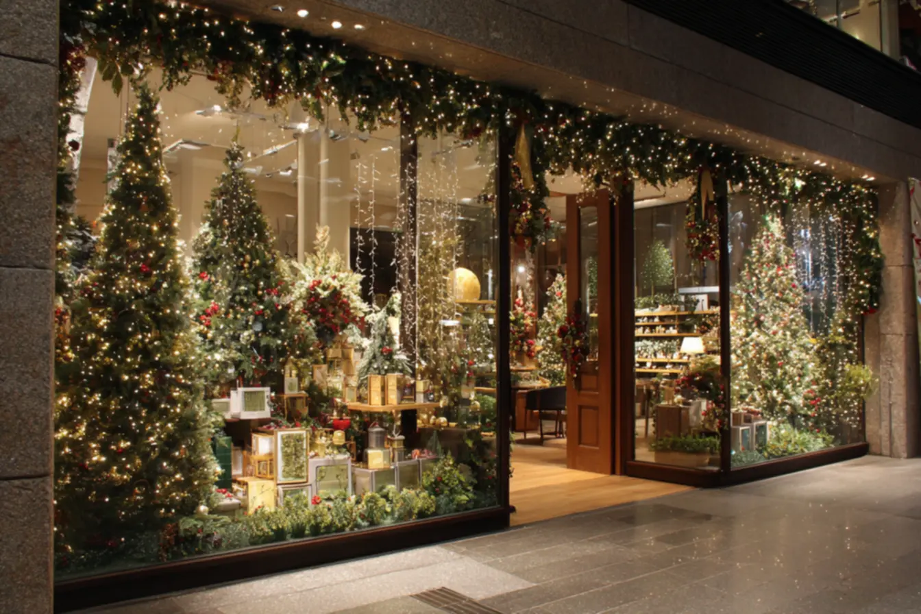 Uma vitrine de natal com poucos produtos em destaque e bem iluminados